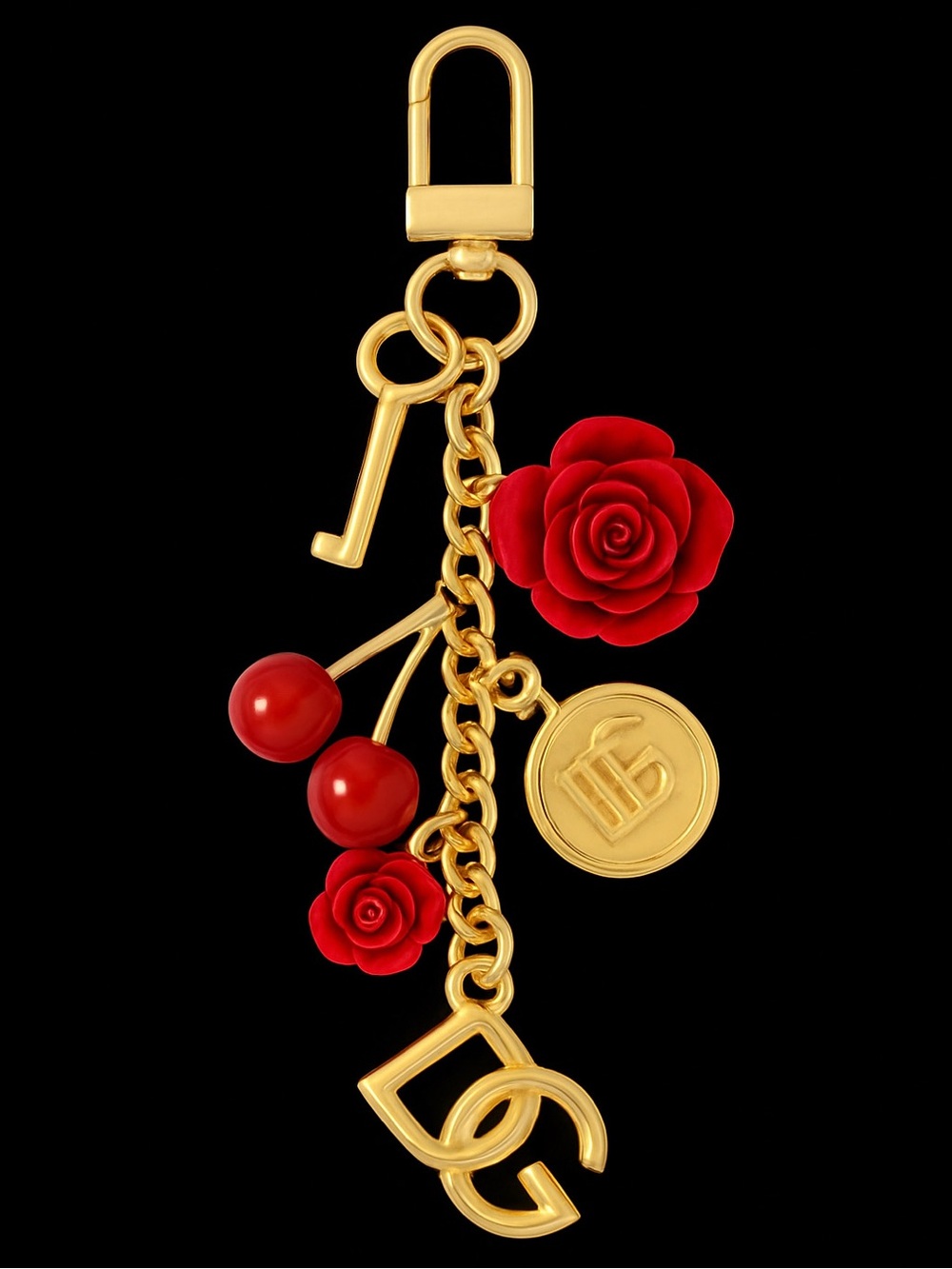 Dolce & Gabbana Golden Red Rose & Cherry Charm Keyring Key Chain New